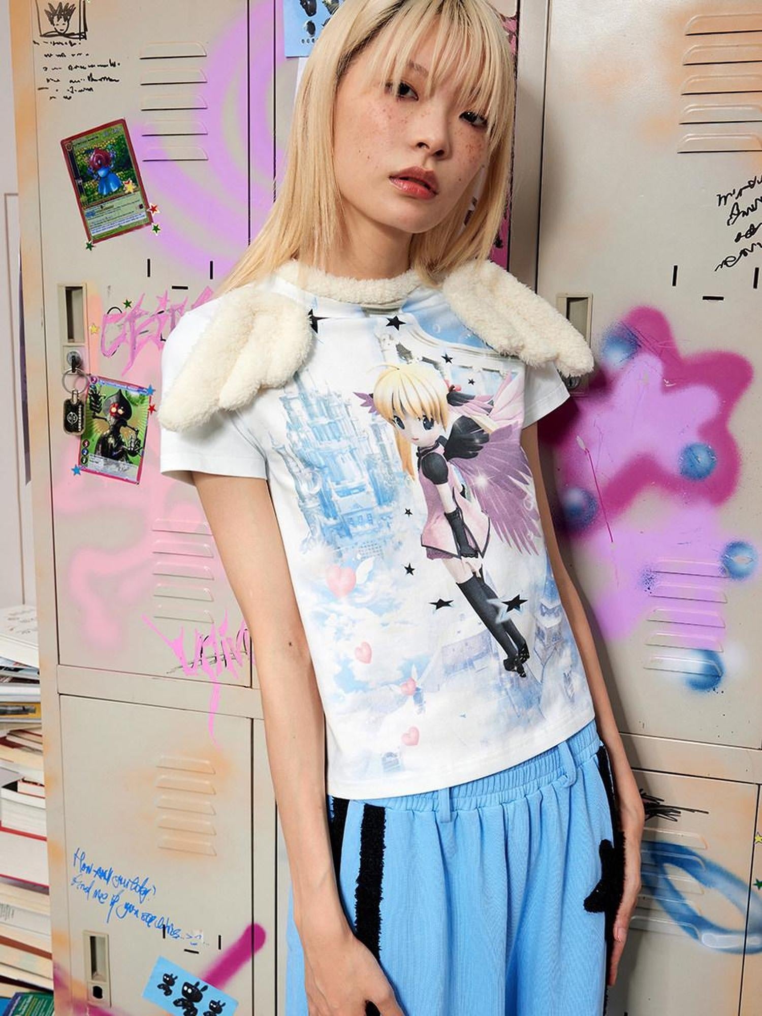 CFIERCE Creative Cartoon Print Loose Cotton Crewneck Short Sleeve Unisex Commuter Tshirt