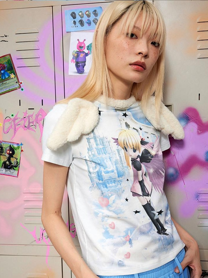 CFIERCE Creative Cartoon Print Loose Cotton Crewneck Short Sleeve Unisex Commuter Tshirt