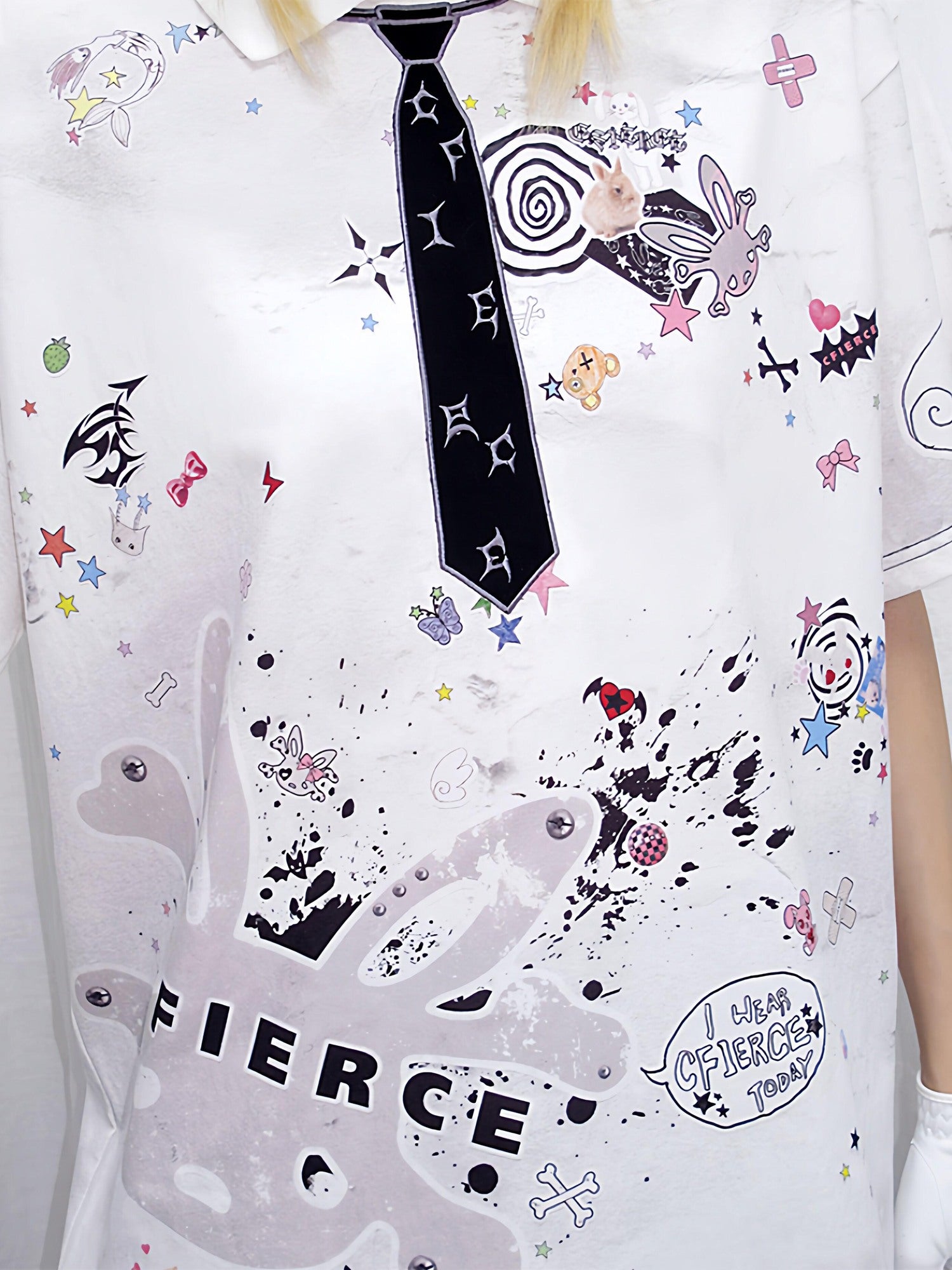 CFIERCE Creative Cartoon Print Loose Fit Cotton Blend American Casual Polo Shirt
