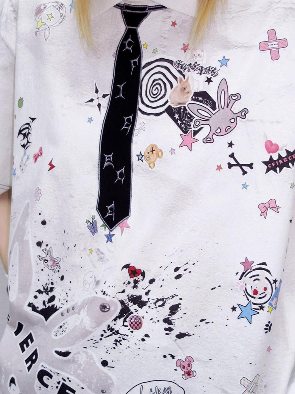 CFIERCE Creative Cartoon Print Loose Fit Cotton Blend American Casual Polo Shirt