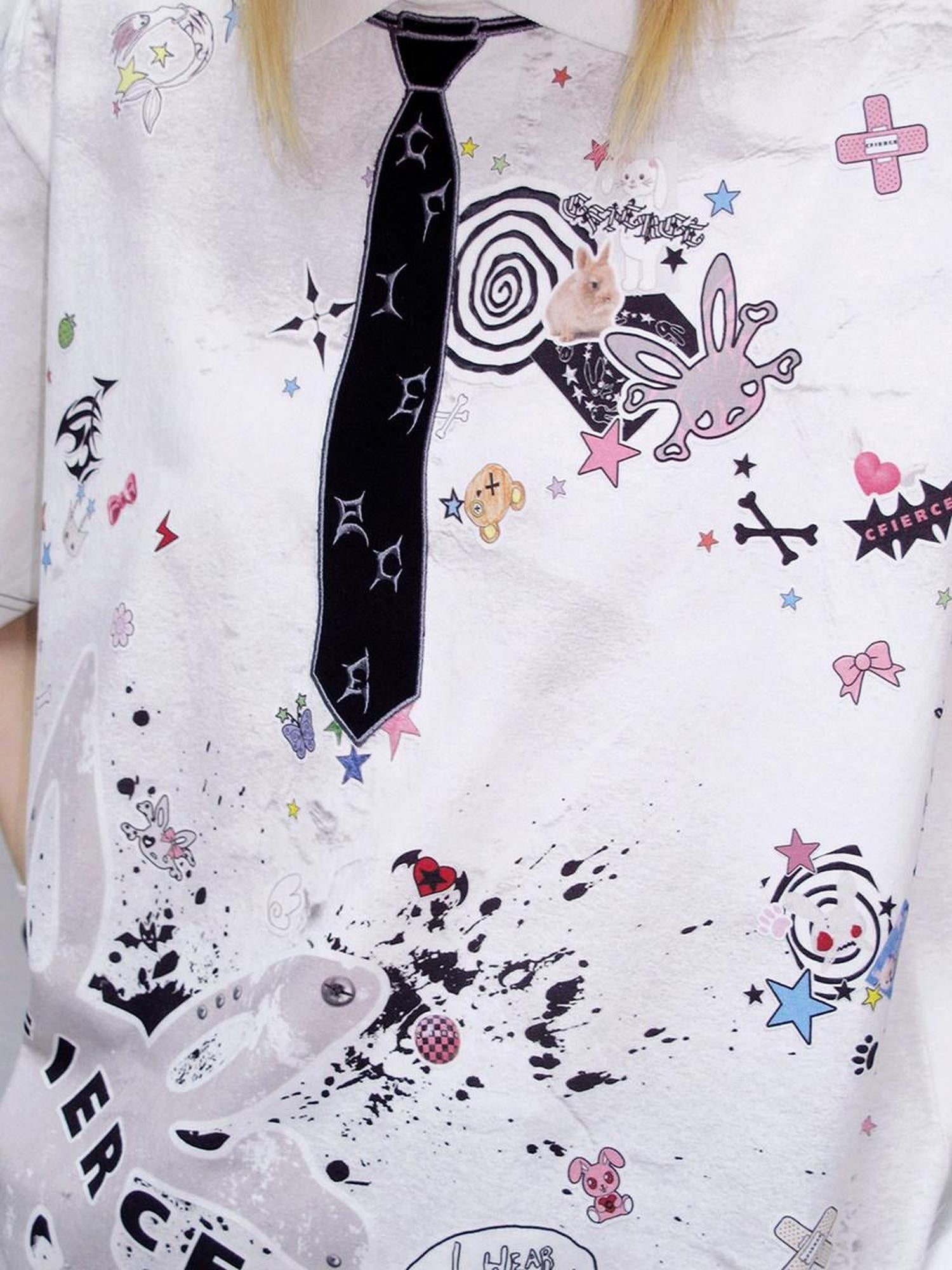 CFIERCE Creative Cartoon Print Loose Fit Cotton Blend American Casual Polo Shirt