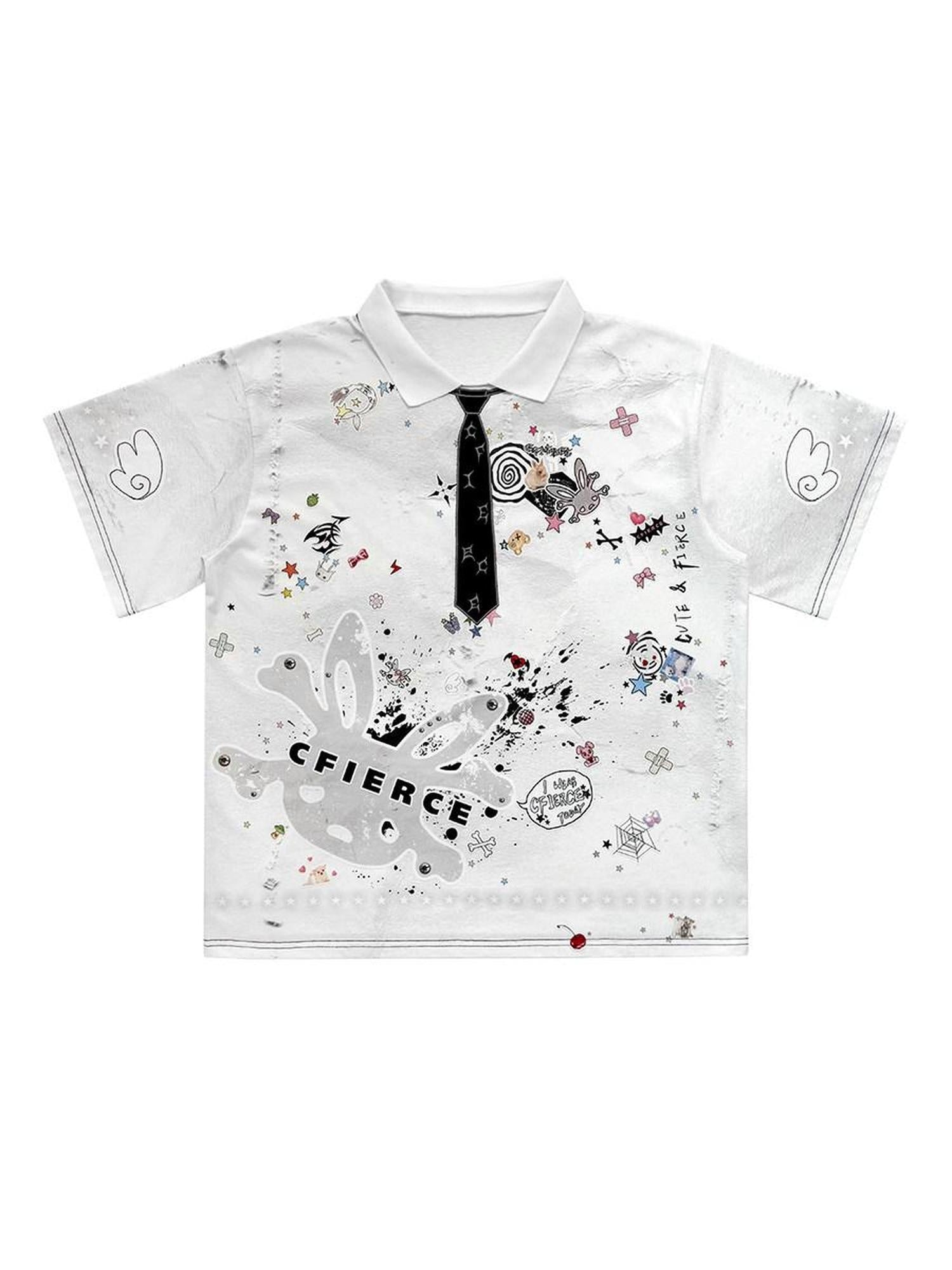 CFIERCE Creative Cartoon Print Loose Fit Cotton Blend American Casual Polo Shirt