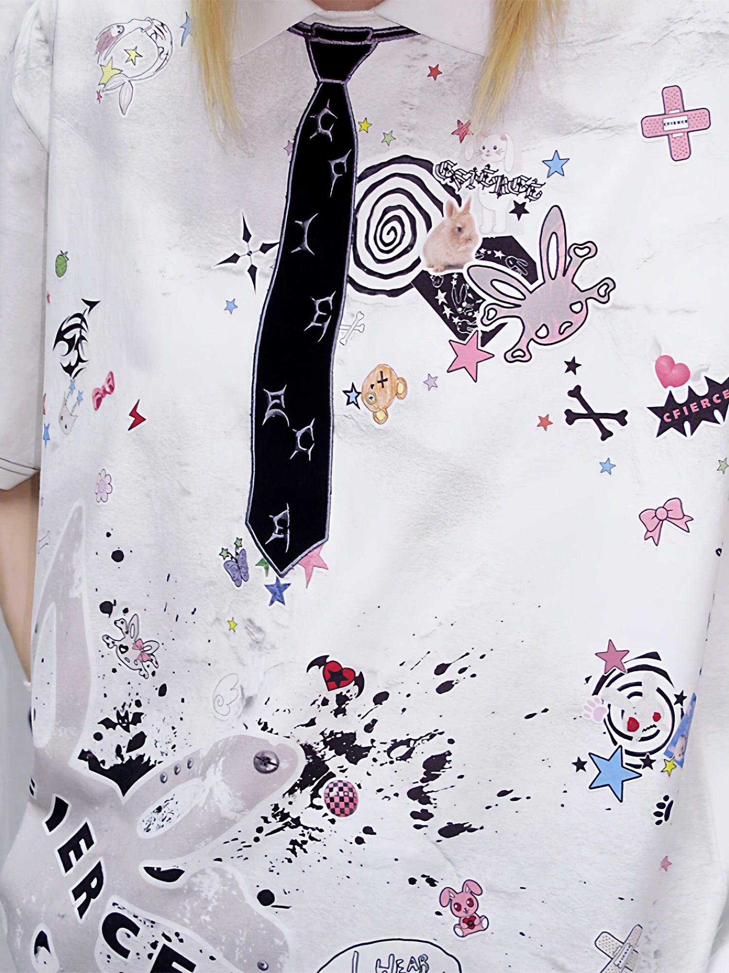 CFIERCE Creative Cartoon Print Loose Fit Cotton Blend American Casual Polo Shirt