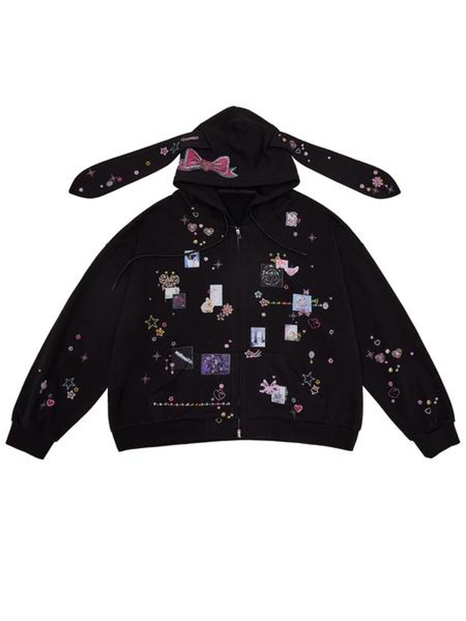 CFIERCE Cute Cartoon Hooded Zip Street Loose Fit Unisex Teen 100 Percent Cotton Cardigan