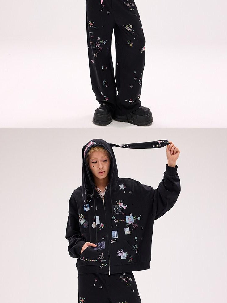 CFIERCE Cute Cartoon Hooded Zip Street Loose Fit Unisex Teen 100 Percent Cotton Cardigan