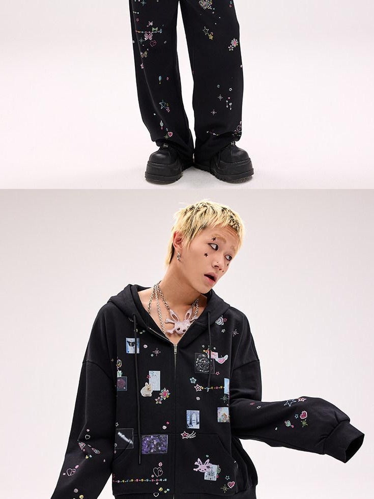 CFIERCE Cute Cartoon Hooded Zip Street Loose Fit Unisex Teen 100 Percent Cotton Cardigan