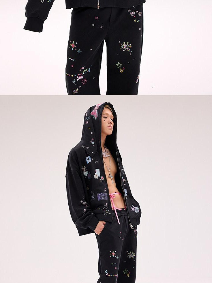 CFIERCE Cute Cartoon Hooded Zip Street Loose Fit Unisex Teen 100 Percent Cotton Cardigan