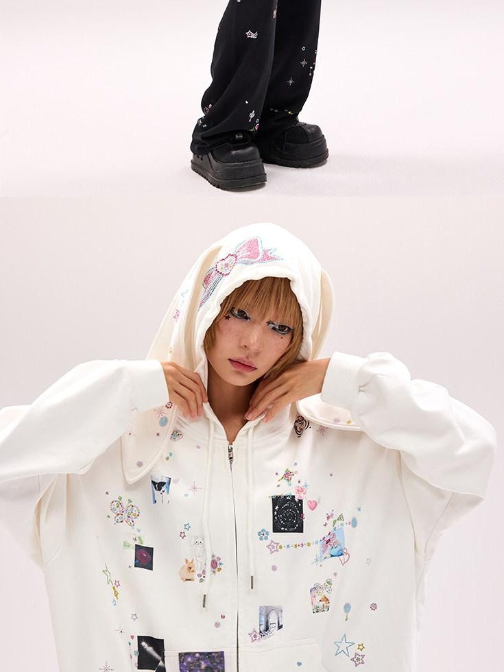 CFIERCE Cute Cartoon Hooded Zip Street Loose Fit Unisex Teen 100 Percent Cotton Cardigan
