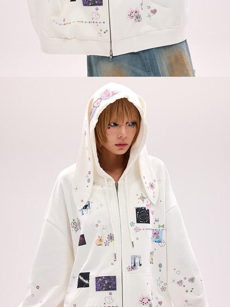 CFIERCE Cute Cartoon Hooded Zip Street Loose Fit Unisex Teen 100 Percent Cotton Cardigan