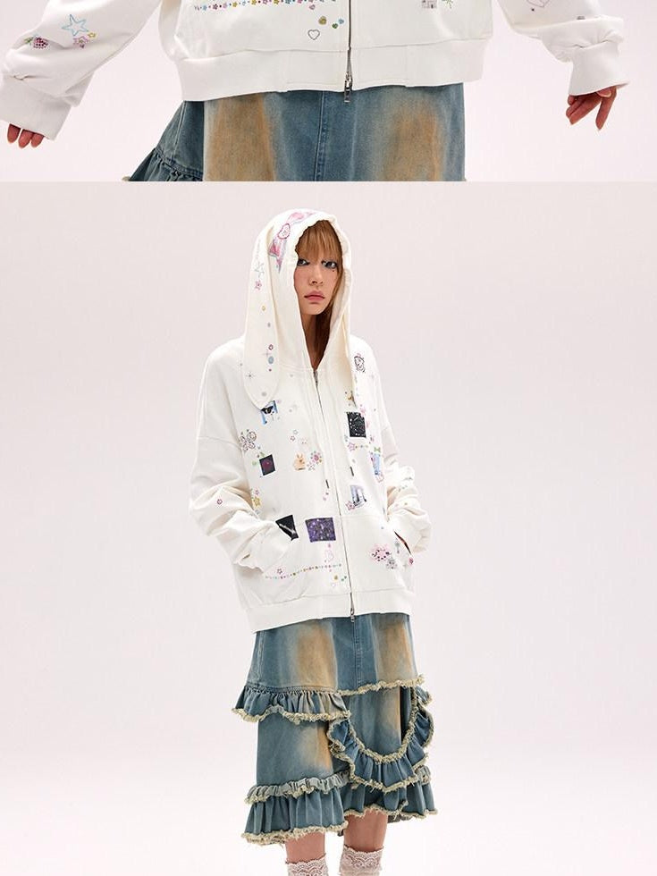 CFIERCE Cute Cartoon Hooded Zip Street Loose Fit Unisex Teen 100 Percent Cotton Cardigan