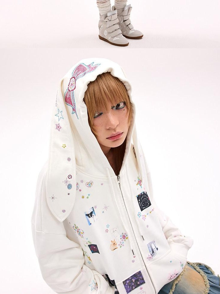 CFIERCE Cute Cartoon Hooded Zip Street Loose Fit Unisex Teen 100 Percent Cotton Cardigan