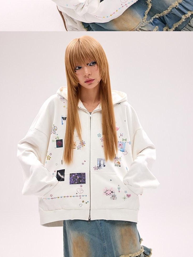 CFIERCE Cute Cartoon Hooded Zip Street Loose Fit Unisex Teen 100 Percent Cotton Cardigan