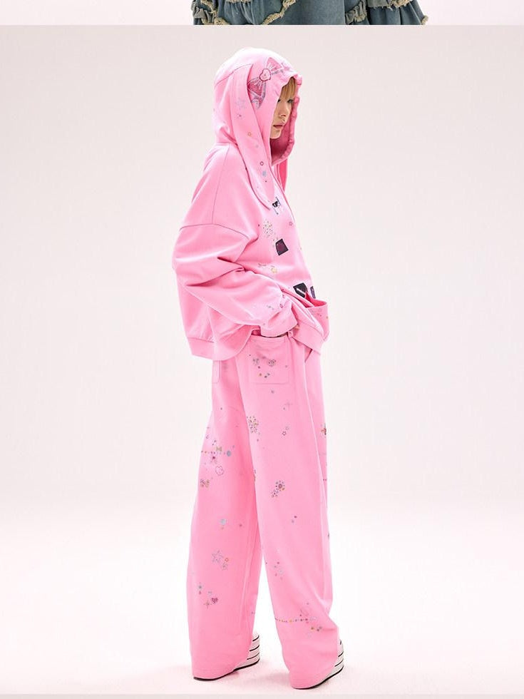 CFIERCE Cute Cartoon Hooded Zip Street Loose Fit Unisex Teen 100 Percent Cotton Cardigan