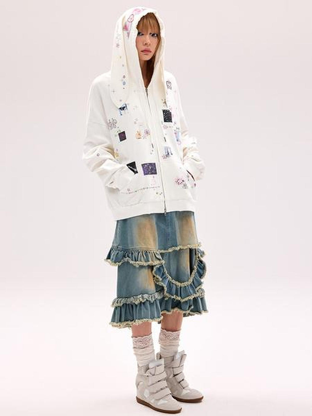 CFIERCE Cute Cartoon Hooded Zip Street Loose Fit Unisex Teen 100 Percent Cotton Cardigan