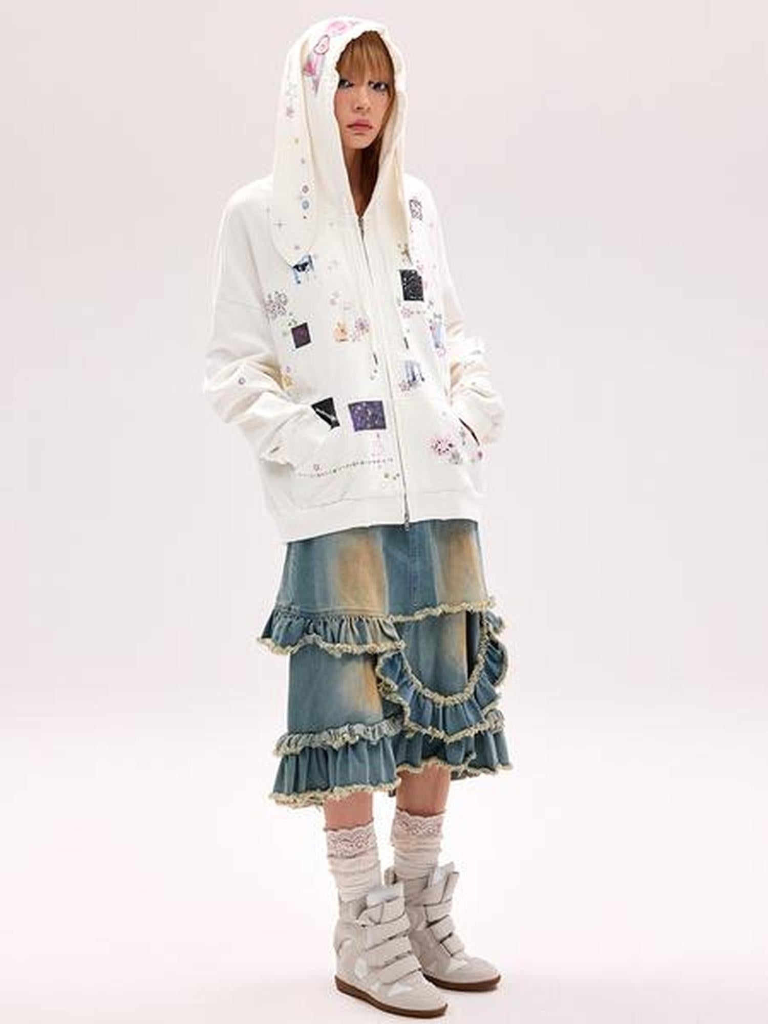 CFIERCE Cute Cartoon Hooded Zip Street Loose Fit Unisex Teen 100 Percent Cotton Cardigan