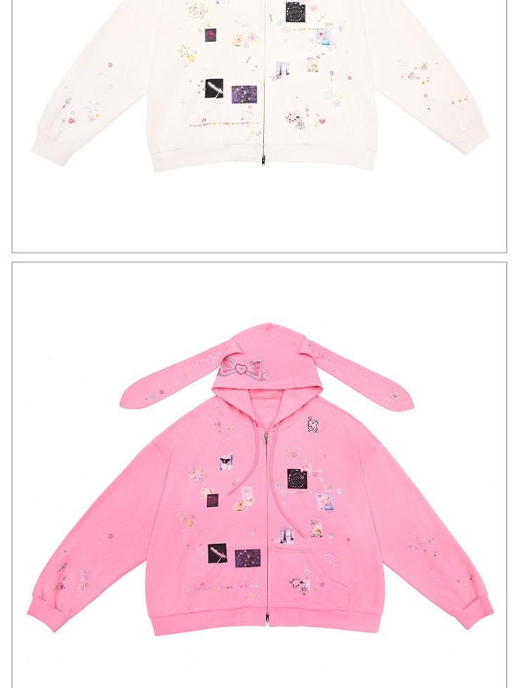 CFIERCE Cute Cartoon Hooded Zip Street Loose Fit Unisex Teen 100 Percent Cotton Cardigan