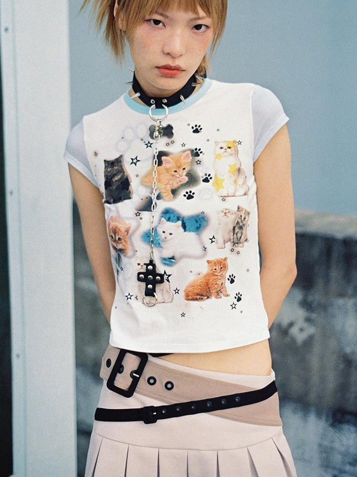 CFIERCE Cute Cartoon Print Cotton Slim Fit Cropped Short Sleeve Unisex White Tshirt
