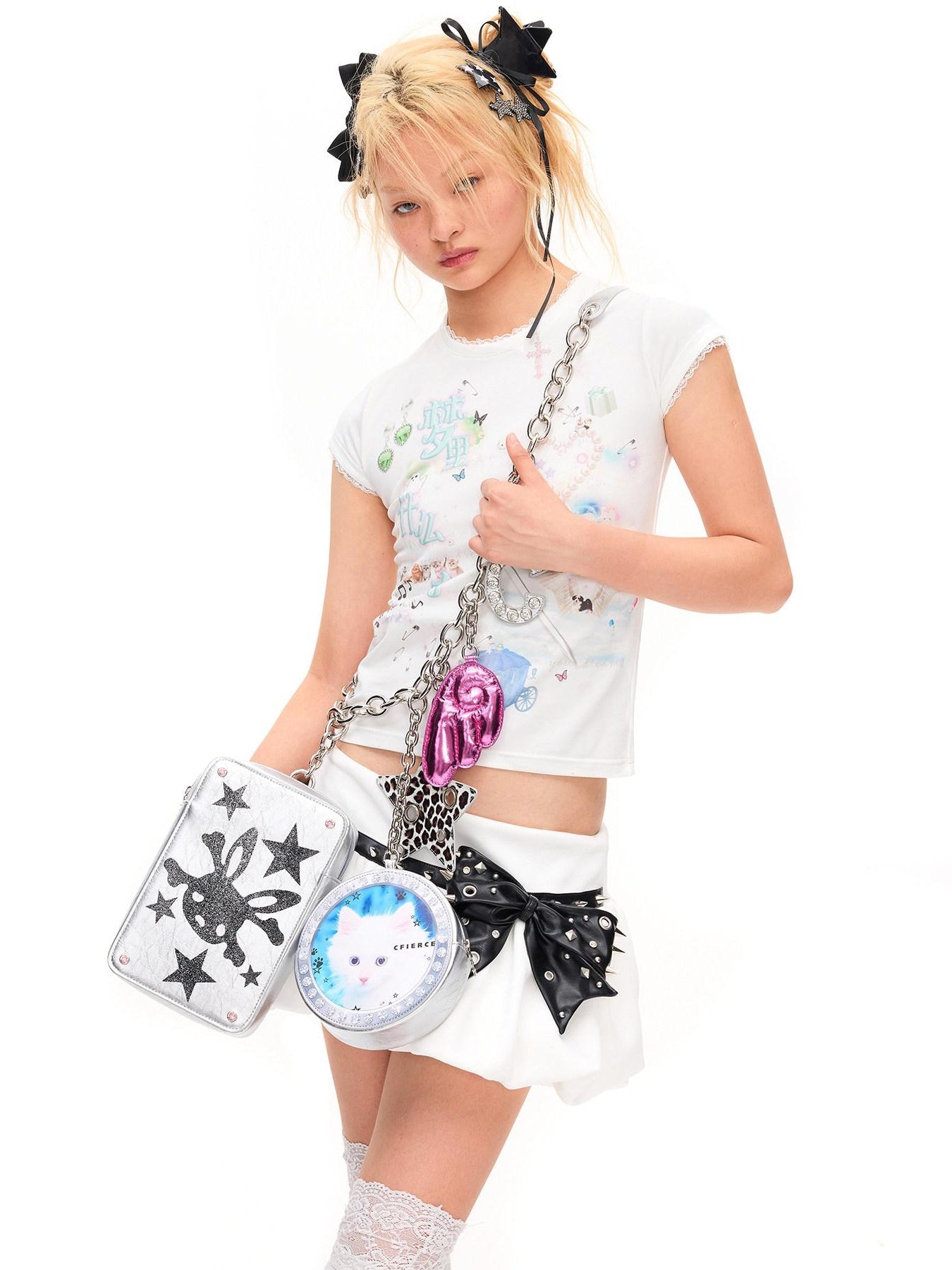 CFIERCE Cute Cat Print Square Chain Strap Zipper Closure Women Medium Bag
