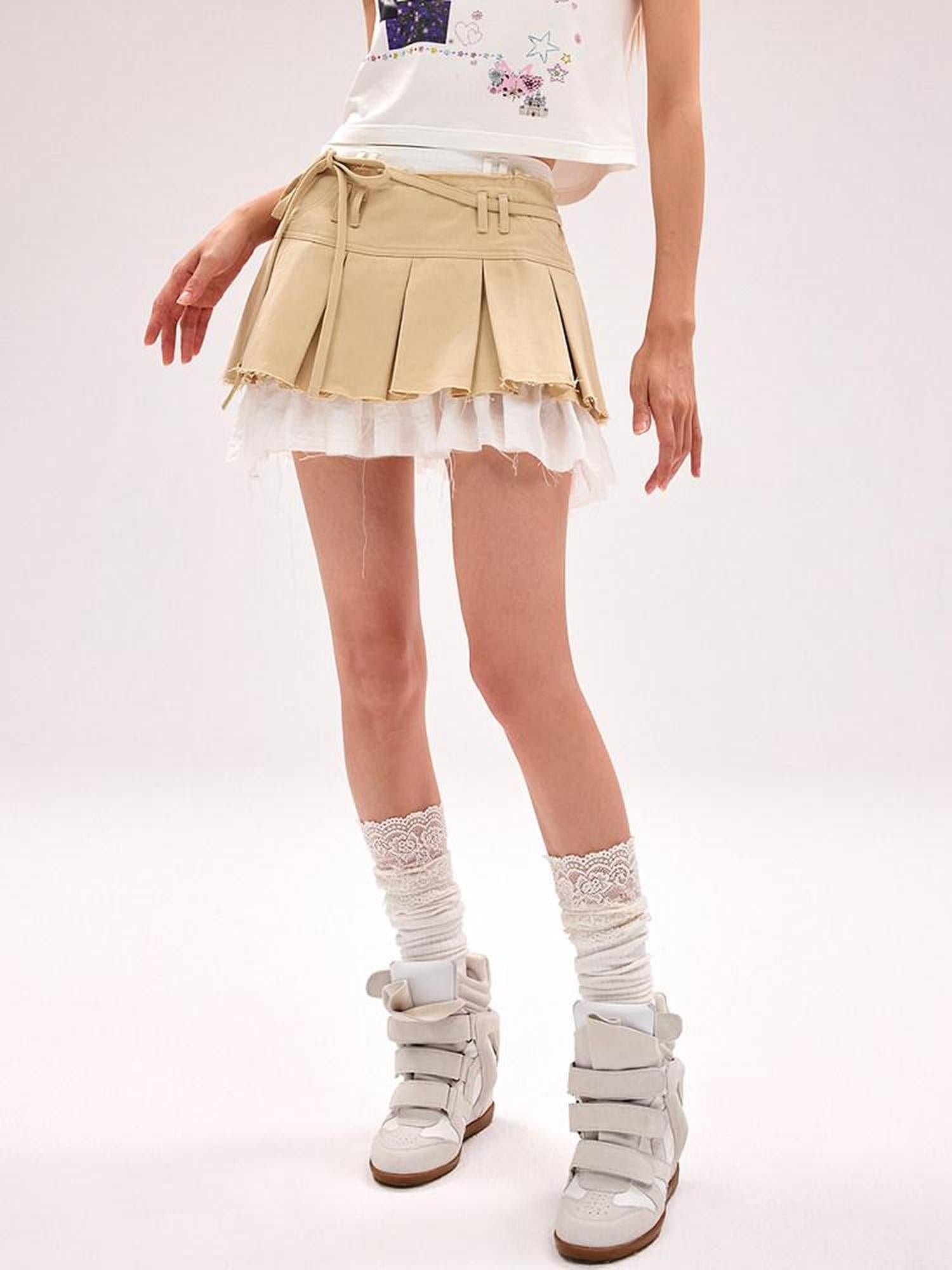 CFIERCE Cute High Waist Pure Cotton Pleated Tassel Fringe For Women Travel Skirt