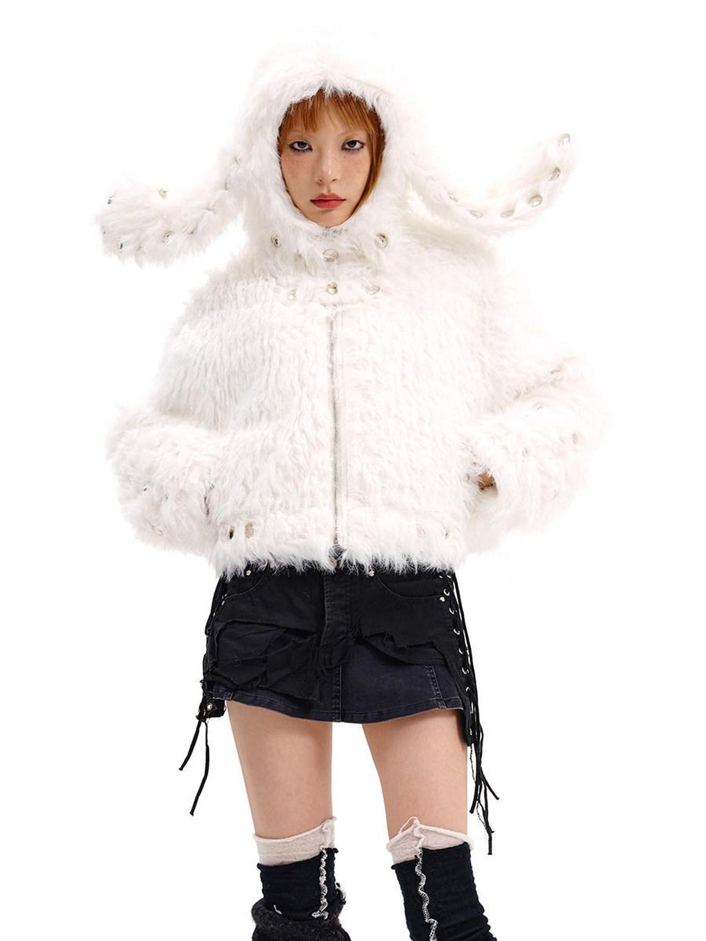 CFIERCE Cute Oversized Zip Up Long Sleeve Unisex Polyester Black White Jacket