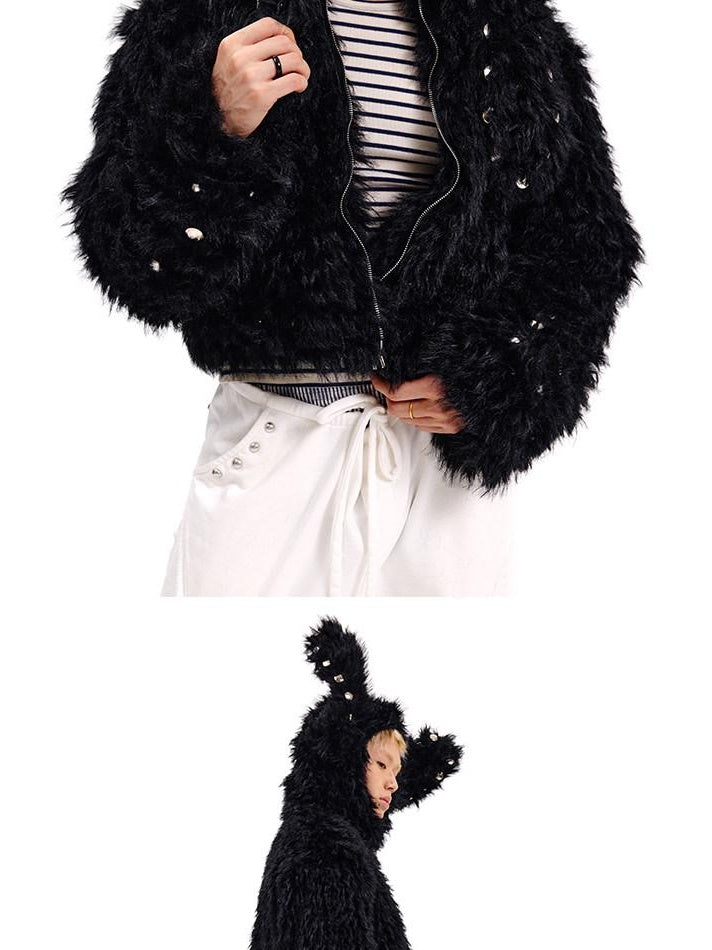 CFIERCE Cute Oversized Zip Up Long Sleeve Unisex Polyester Black White Jacket