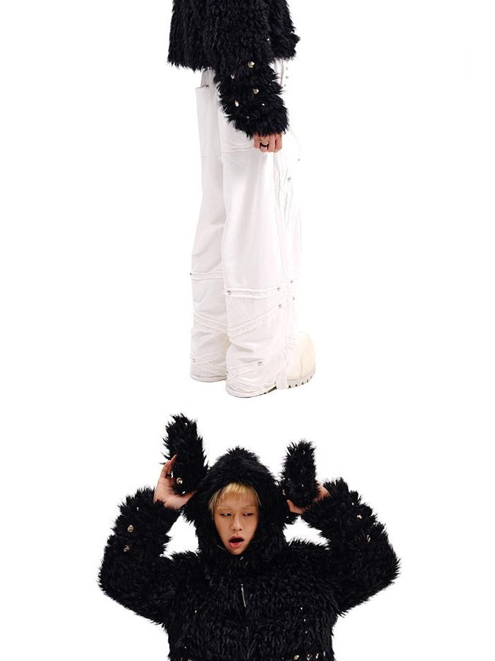 CFIERCE Cute Oversized Zip Up Long Sleeve Unisex Polyester Black White Jacket