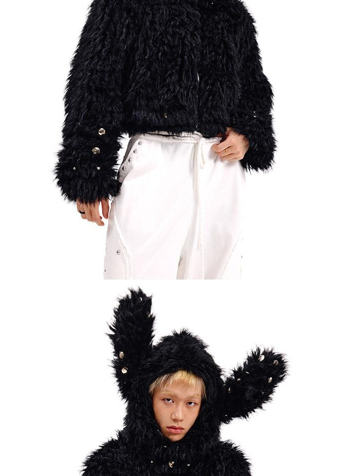 CFIERCE Cute Oversized Zip Up Long Sleeve Unisex Polyester Black White Jacket