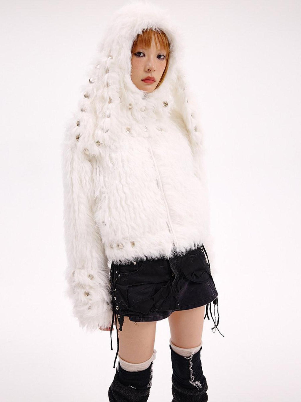 CFIERCE Cute Oversized Zip Up Long Sleeve Unisex Polyester Black White Jacket