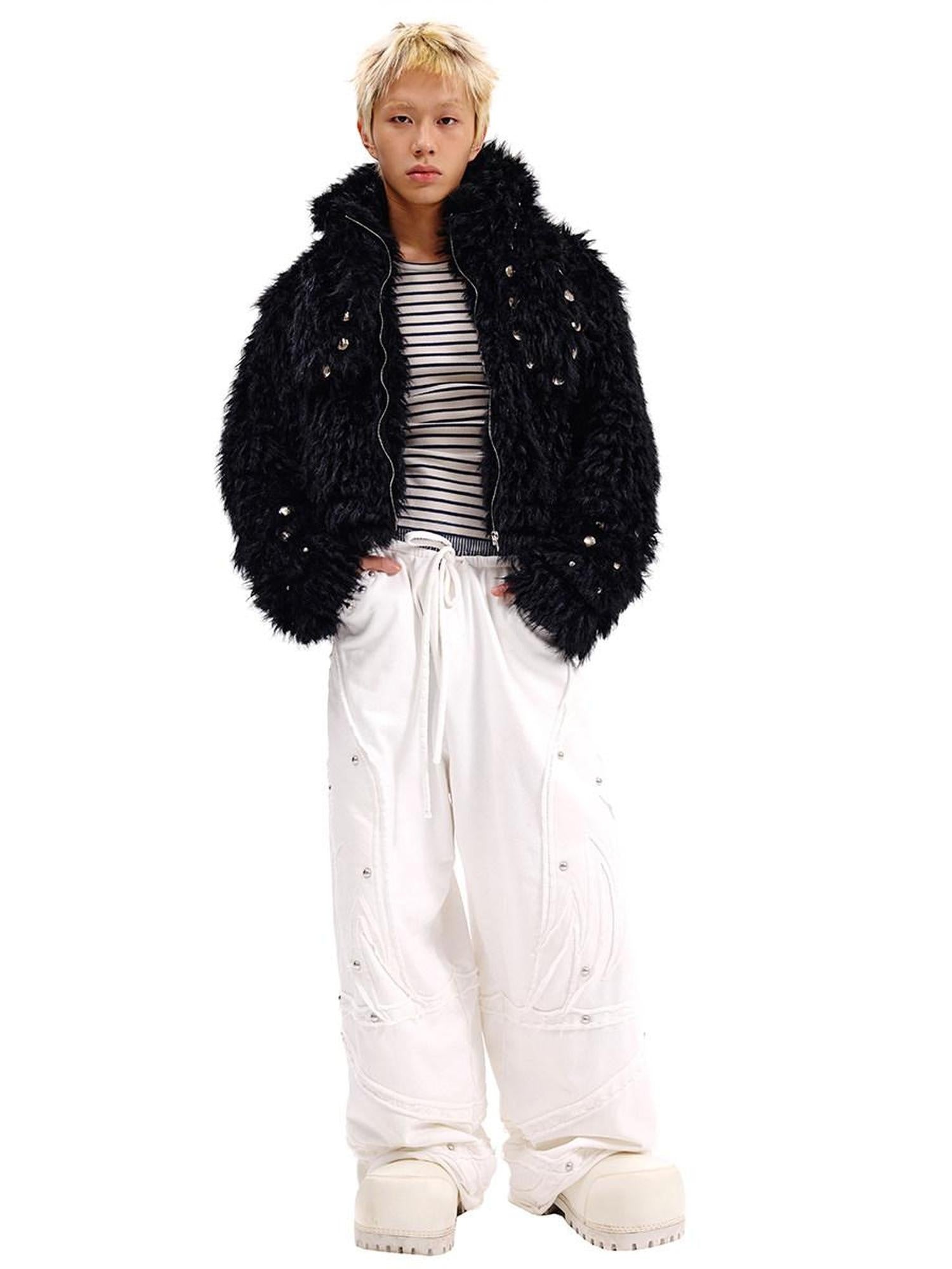 CFIERCE Cute Oversized Zip Up Long Sleeve Unisex Polyester Black White Jacket