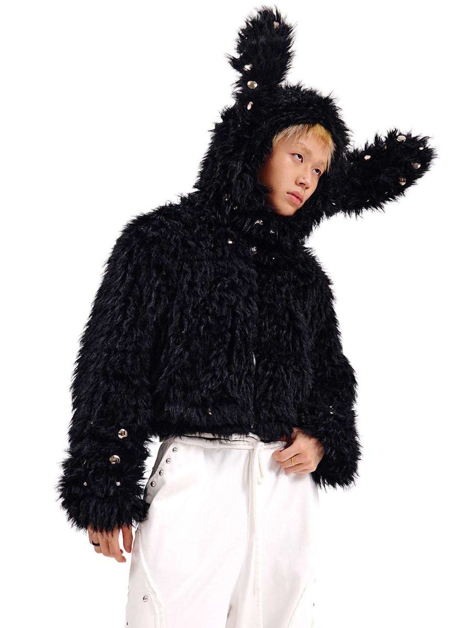 CFIERCE Cute Oversized Zip Up Long Sleeve Unisex Polyester Black White Jacket