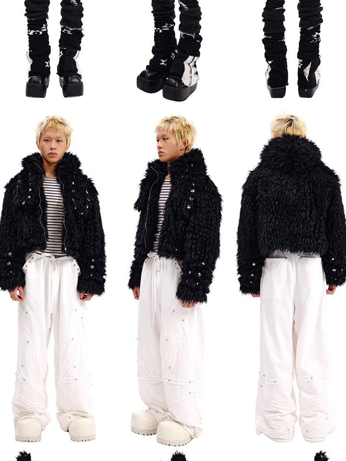 CFIERCE Cute Oversized Zip Up Long Sleeve Unisex Polyester Black White Jacket