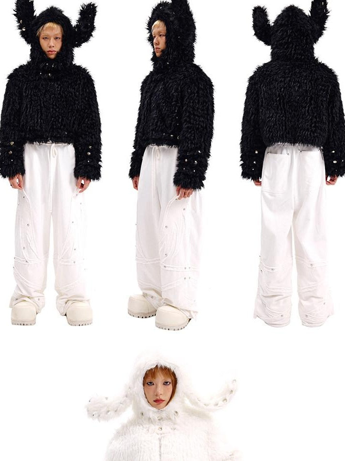 CFIERCE Cute Oversized Zip Up Long Sleeve Unisex Polyester Black White Jacket