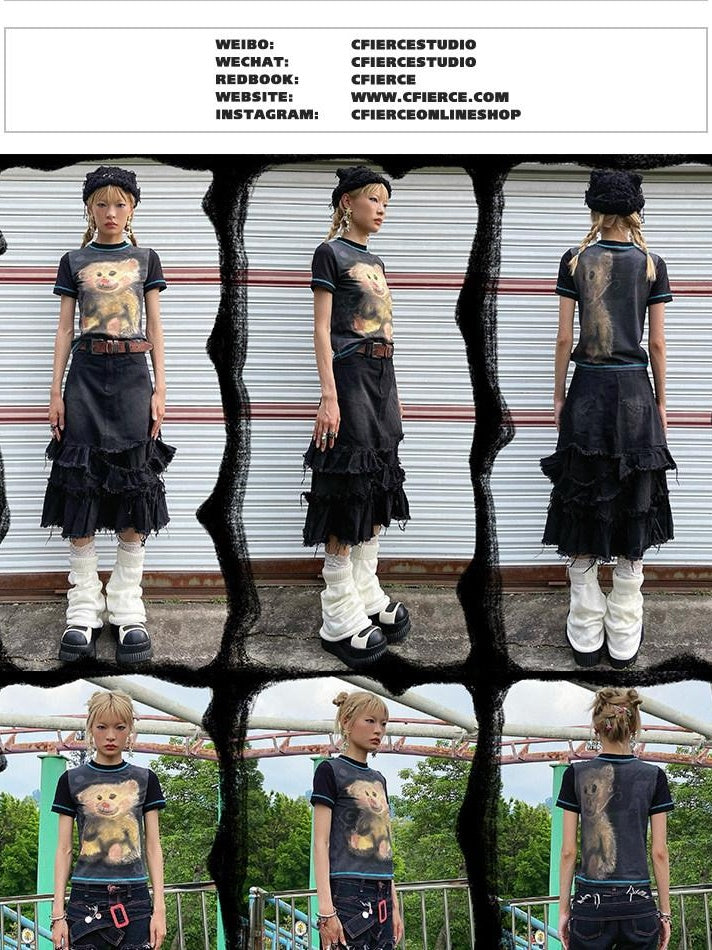 CFIERCE Cute Slim Fit Polyester Stretch Short Sleeve Unisex Black Basic Tshirt