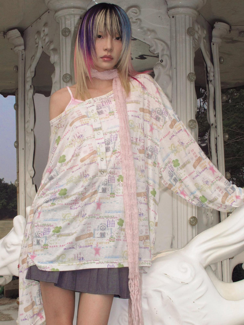 CFIERCE Embellished Print Rhinestone Loose Casual Midlength Unisex Cotton Blend Cardigan