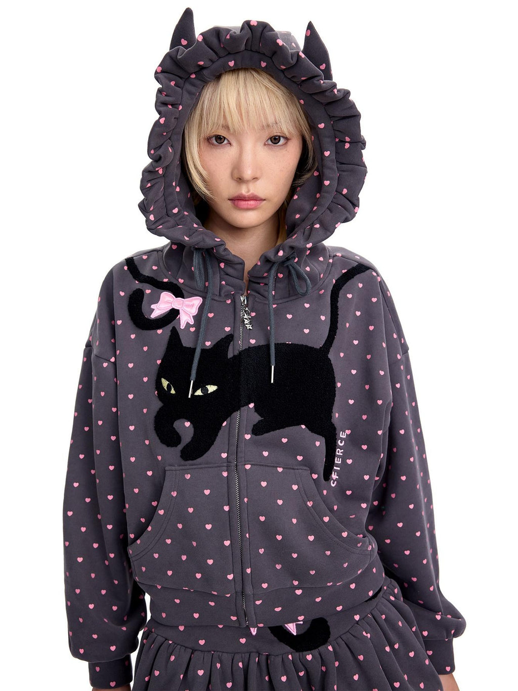 CFIERCE Embroidered Loose Hooded Zipper Casual Unisex Cartoon Anime Cardigan