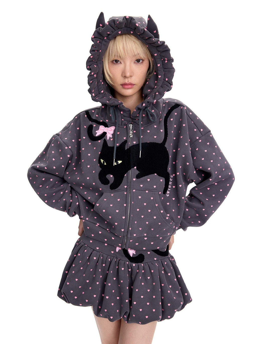 CFIERCE Embroidered Loose Hooded Zipper Casual Unisex Cartoon Anime Cardigan