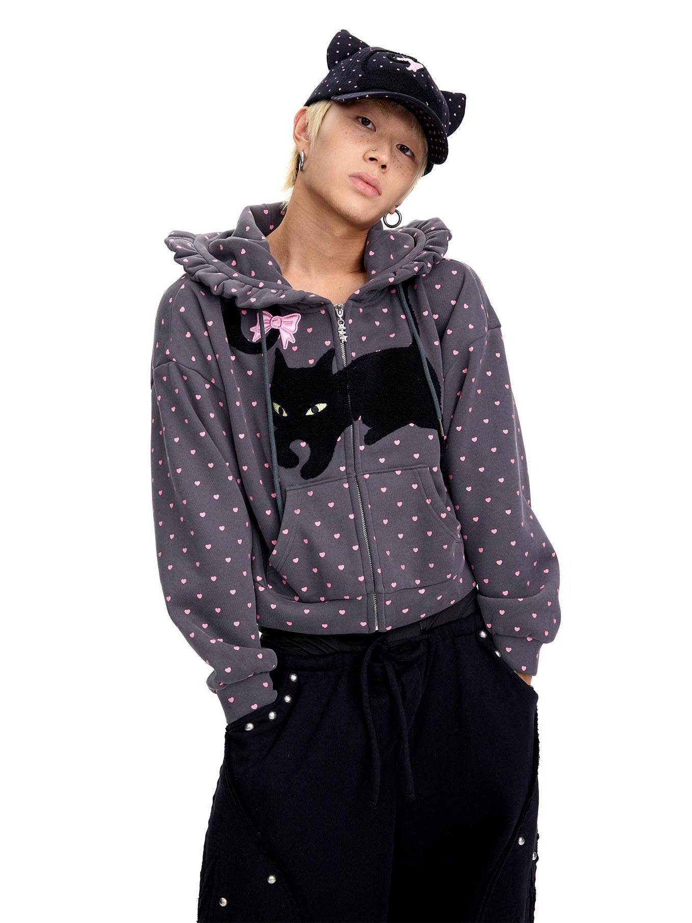 CFIERCE Embroidered Loose Hooded Zipper Casual Unisex Cartoon Anime Cardigan