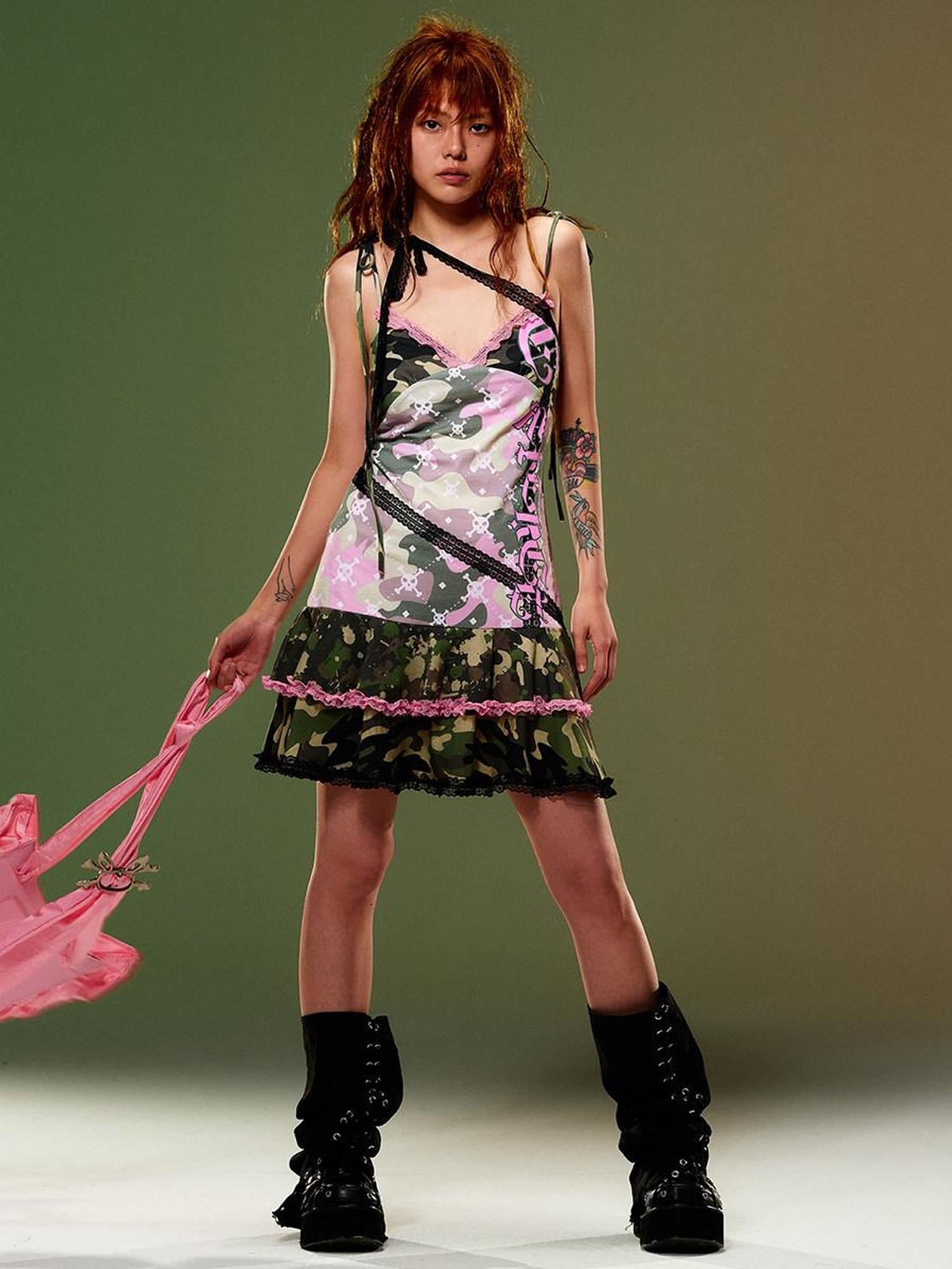 CFIERCE Gothic Camouflage Cotton Sleeveless Strappy Teen Girl Slip Dress