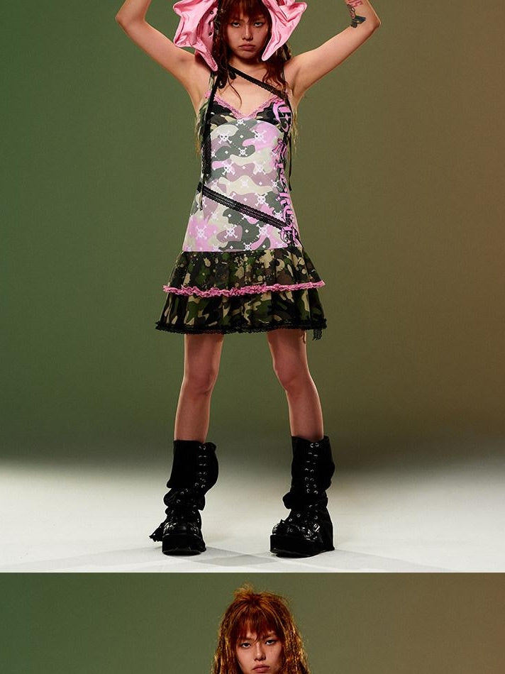 CFIERCE Gothic Camouflage Cotton Sleeveless Strappy Teen Girl Slip Dress