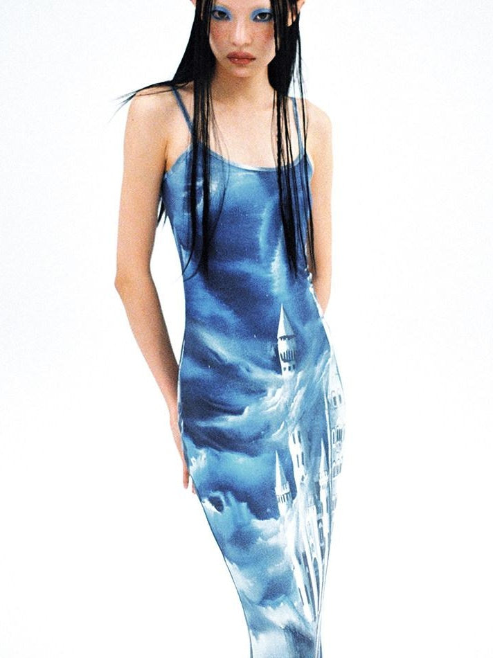 CFIERCE High Stretch High Waist V-neck H Line Commuter Travel Camisole Blue Dress