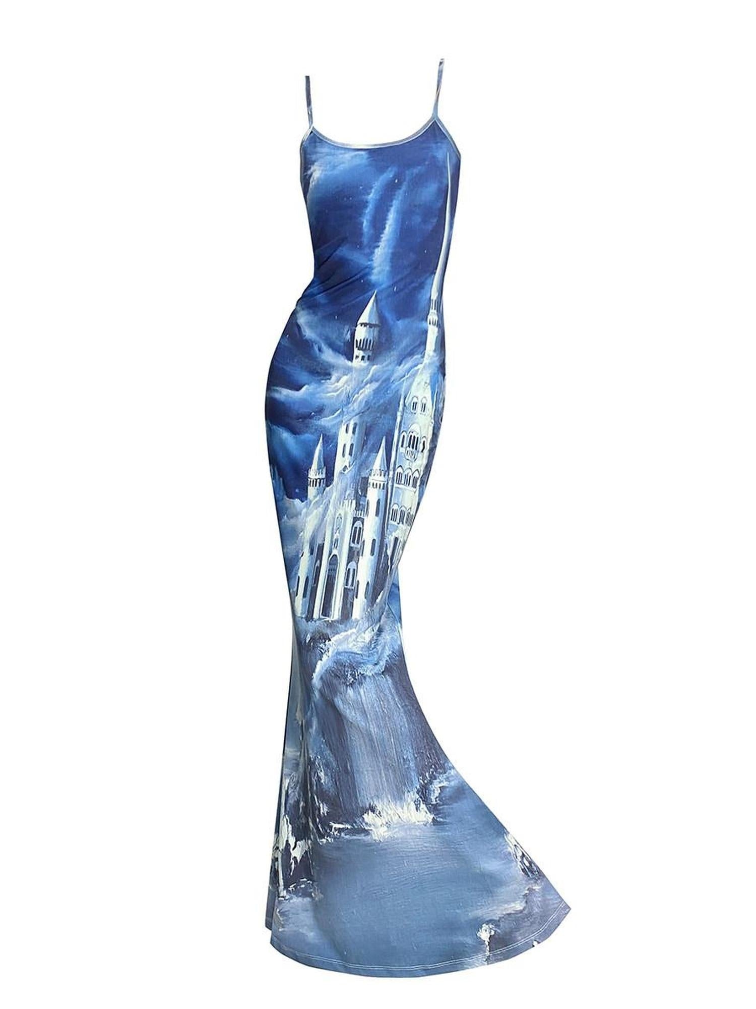 CFIERCE High Stretch High Waist V-neck H Line Commuter Travel Camisole Blue Dress