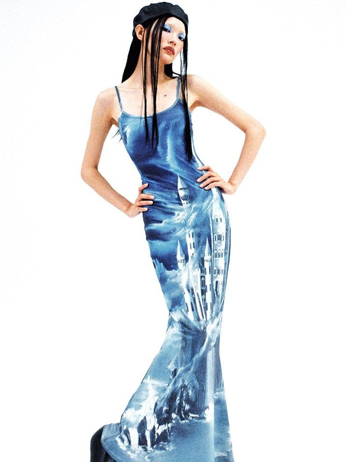 CFIERCE High Stretch High Waist V-neck H Line Commuter Travel Camisole Blue Dress