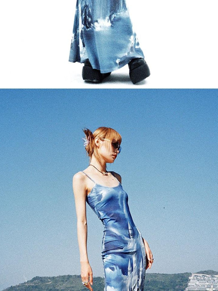 CFIERCE High Stretch High Waist V-neck H Line Commuter Travel Camisole Blue Dress