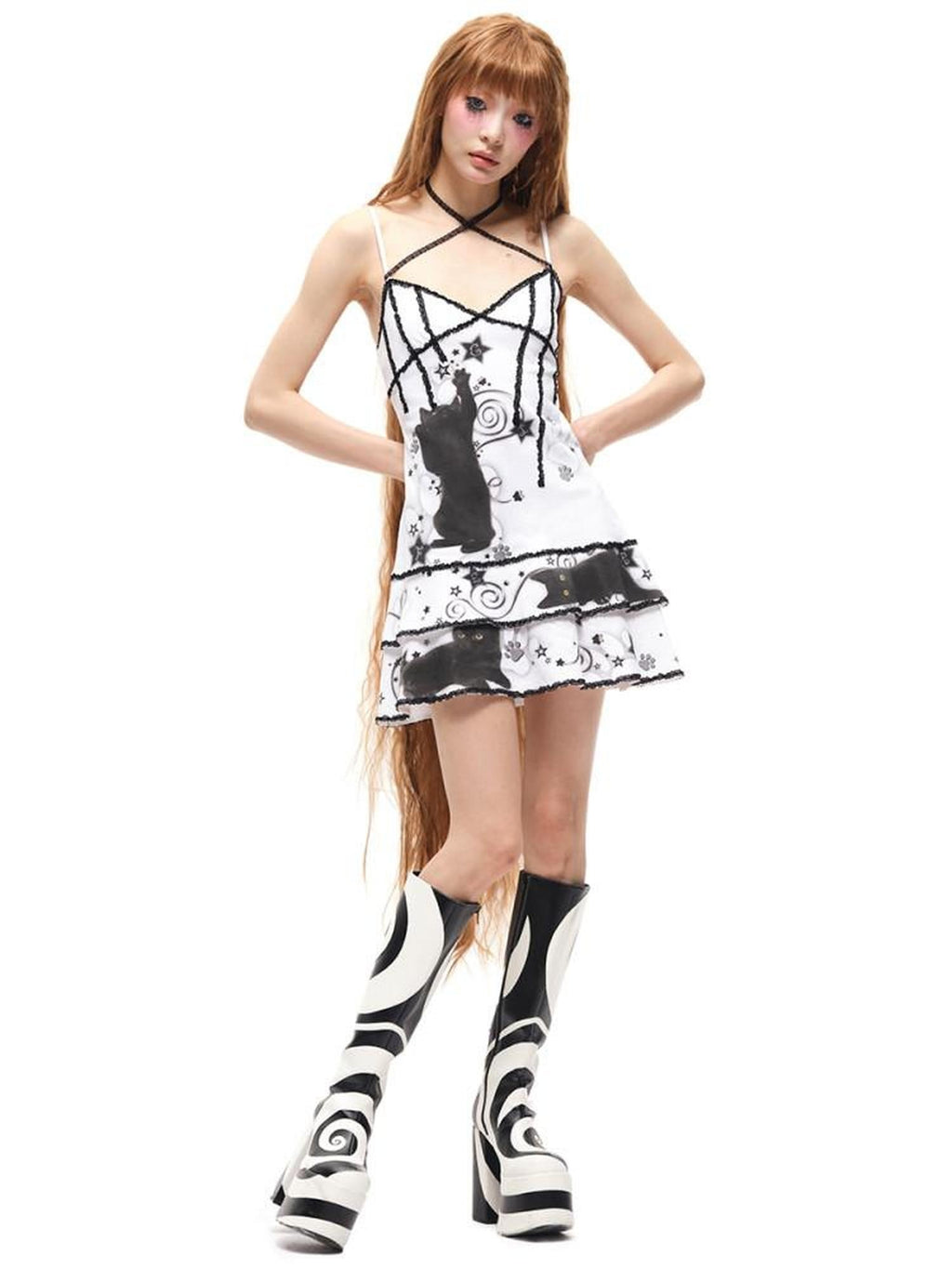 CFIERCE High Waist 100% Cotton Street V-neck Sleeveless Zipper Girls White Cami Dress