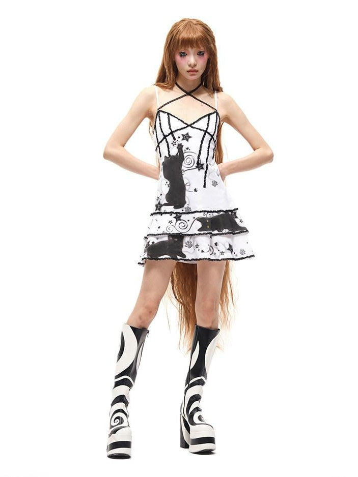 CFIERCE High Waist 100% Cotton Street V-neck Sleeveless Zipper Girls White Cami Dress