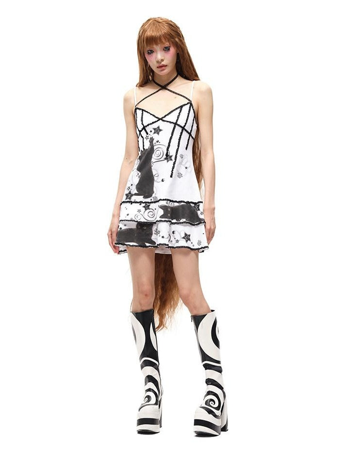 CFIERCE High Waist 100% Cotton Street V-neck Sleeveless Zipper Girls White Cami Dress
