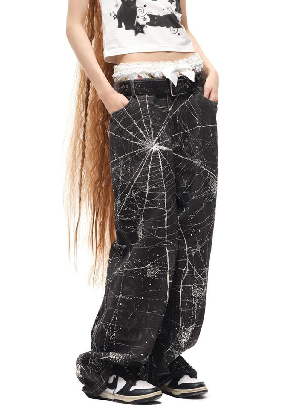 CFIERCE High Waist Cotton Zipper Wide Leg Loose Casual Womens Black White Pants