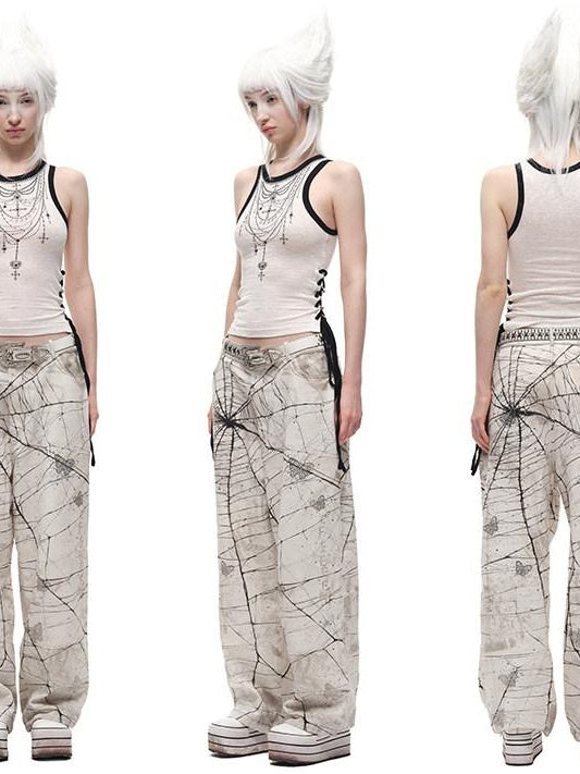 CFIERCE High Waist Cotton Zipper Wide Leg Loose Casual Womens Black White Pants