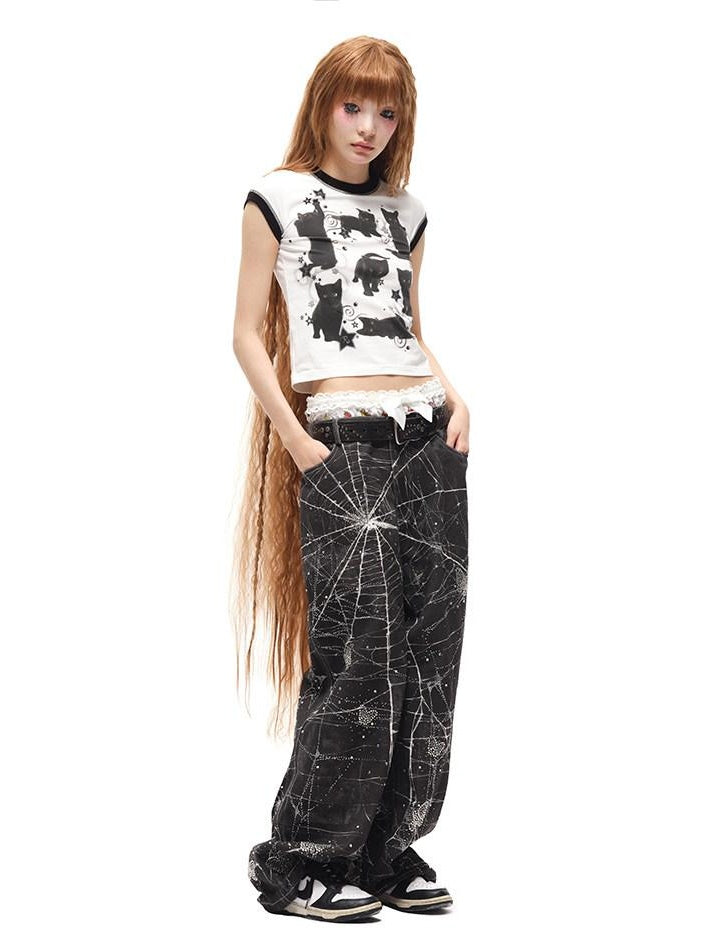 CFIERCE High Waist Cotton Zipper Wide Leg Loose Casual Womens Black White Pants