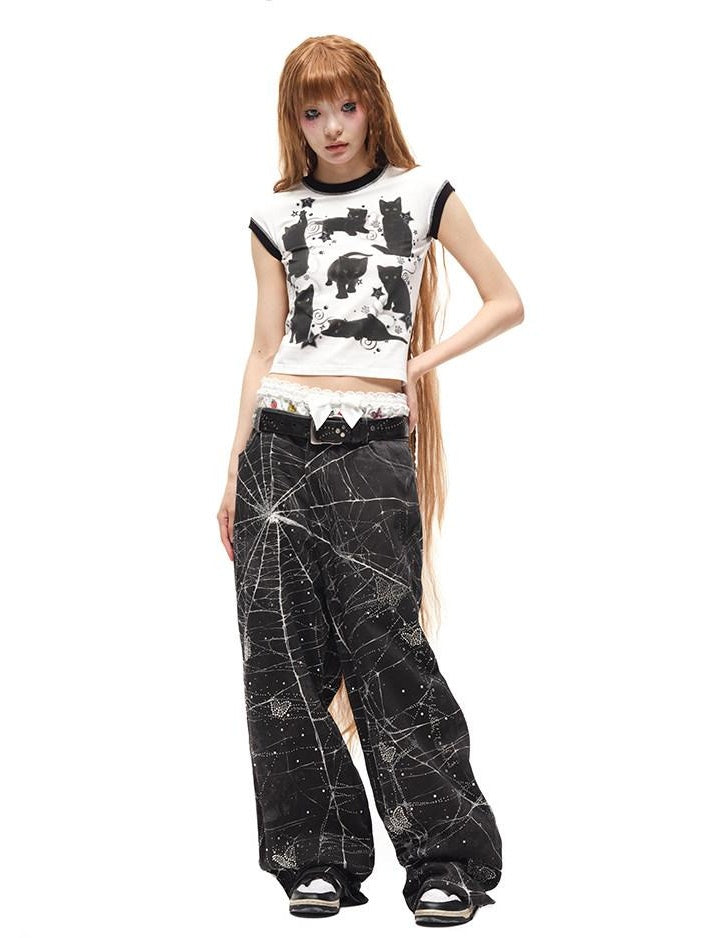 CFIERCE High Waist Cotton Zipper Wide Leg Loose Casual Womens Black White Pants